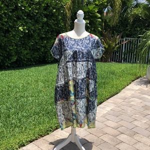 JOHNNY WAS BLUE BOHO BIRDS AND FLORAL PRINT OVERSIZED SHORT SLEEVE DRESS…